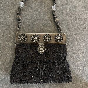 Antique Elegant Black Beaded Evening Bag with Silver Chain